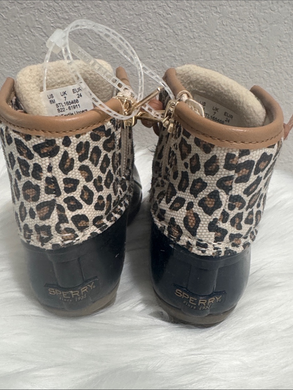 Sperry Girls Leopard Print Waterproof Rain Boots - Black/Brown/Tan - Picture 4 of 7